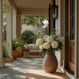 Teardrop shaped woven seagrass vase with natural texture and sculptural silhouette, styled as a warm organic floor accent