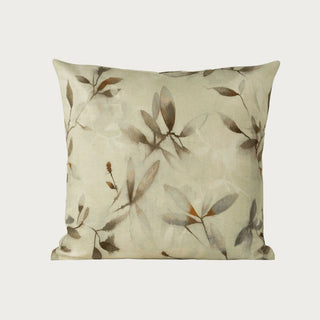 20 Inch Willow Foliage Throw Pillow with watercolor-style olive green, taupe, brown and rust leaves on a warm ivory linen-weave fabric.