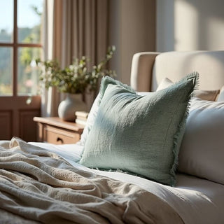 Eucalyptus mist linen pillow with soft fringe trim and relaxed texture, styled as a light and airy decorative accent atop a bed or couch