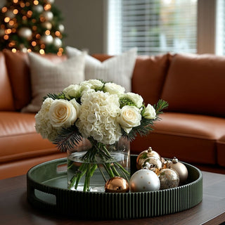 20-inch round fluted green leather tray with handles, modern decorative tray for coffee table, bar cart, or entryway styling. Third & Main, Home Decor, Holiday Decor, Winter Decor, Entertaining Decor, Decorative Tray, Luxury Decor, Contemporary Decor