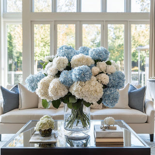 20" Blue hydrangea real touch faux floral stem from True Bloom Floral by Third & Main, ultra-realistic artificial bloom with full layered petals and green leaves, high-end home decor stem, True Bloom Floral, Real Touch, Blue Flower, Hydrangea, Decor, Flower, Floral arrangement, Third & Main
