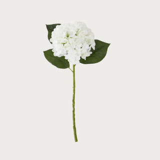 20" white True Bloom Floral  hydrangea real touch faux floral stem from True Bloom Floral by Third & Main, ultra-realistic artificial bloom with full layered petals and green leaves, high-end home decor stem, True Bloom Floral