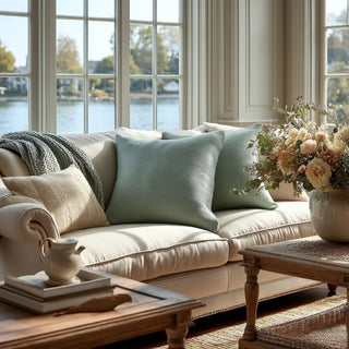 Living room with a beige sofa, decorative pillows, and a coffee table with a vase of flowers.
