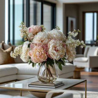 Blushed apricot True Bloom real touch peony arrangement styled in a clear glass vase on a modern coffee table in a light-filled contemporary living room