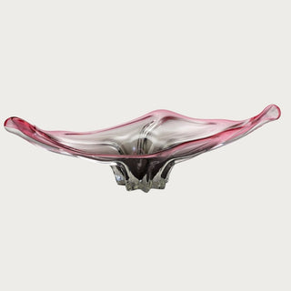22-inch handblown sculptural art glass bowl with elongated silhouette and rose-to-clear gradient rim isolated on a neutral background for modern centerpiece styling.