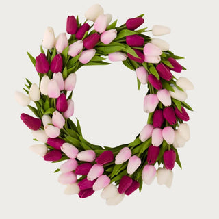 22 inch real touch pink, white, and fuchsia tulip wreath made of 80 tulips, Third & Main