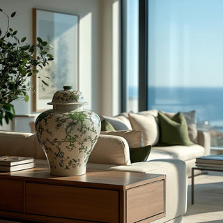 22.5 inch green and white porcelain lidded ginger jar with botanical detailing styled on a modern wood console table in a luxury Malibu California contemporary living room with ocean view and natural light