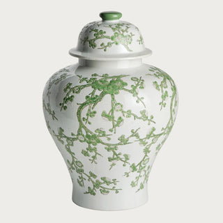 22.5 Inch High Large green and white Chinoiserie ginger jar with lid featuring a soft botanical pattern on a crisp white ceramic base. A timeless yet fresh spring decor accent for entryways, shelves, sideboards, and curated interiors with classic and modern appeal.