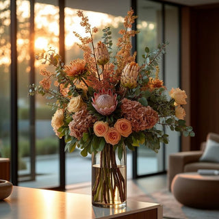 22" Flocked Creamy Yellow Protea Stem  styled in a tall glass vase with other fall florals into a beautiful arrangement 
