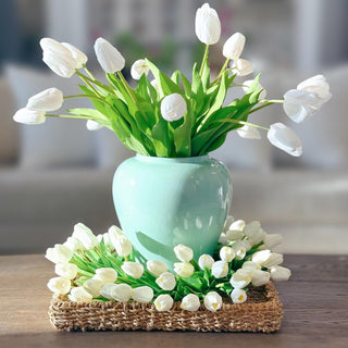22" White True Bloom Floral Real Touch Tulip Wreath, With 80 mini tulips and 120 leaves, this real touch wreath is simply stunning. Real Touch, True Bloom Floral, Tulip, Wreath, Spring Floral, Summer Floral, Home Decor, Modern Traditional Decor, Third & Main