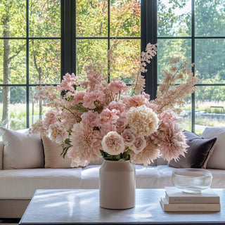 23" long faux pink dried dahlia styled beautifully in a ceramic vase with various floral stems on a table in a well decorated living room.  It has green leaves and makes for a great addition to any floral arrangement. Faux Floral, Dahlia, Flowers, Home Decor, Third & Main