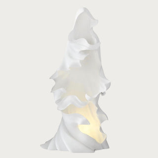 24.25 inch white draped LED ghost in matte resin with warm interior glow and layered sculptural folds for Halloween decor.