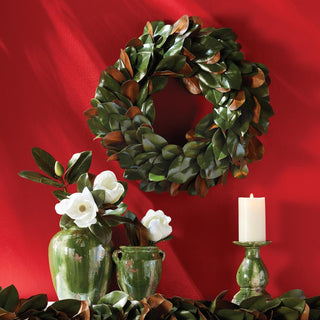 24 inch grand magnolia leaf wreath, front view showing wire frame base