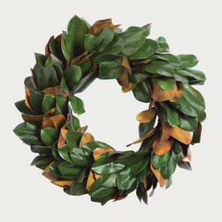 24 inch grand magnolia leaf wreath with deep green leaves and rust undertones, full view