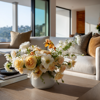 24.5 Inch Pale Yellow True Bloom Duchess Rose stem styled in a floral arrangement in the coffee table of a luxury living room with a neutral sofa and large windows  creating a luxury home.