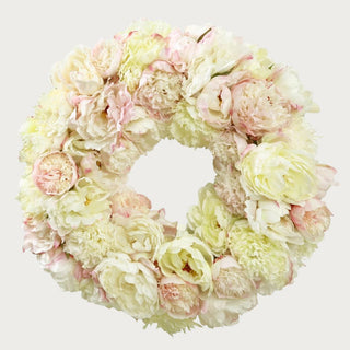 24 inch faux peony wreath with soft champagne and blush blooms