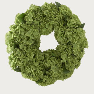 Green faux hydrangea wreath with full realistic blooms and soft natural texture, styled as a classic decorative accent