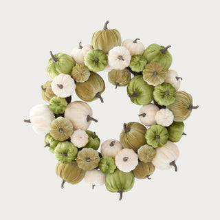 24" velvety pumpkin wreath in olive green, green and cream