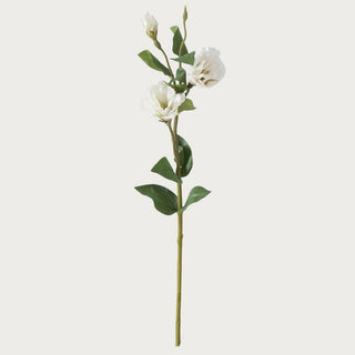 Faux white rose stem with a softly opened bloom, layered petals, and realistic green foliage, shown as a single 25-inch decorative floral on a clean background.