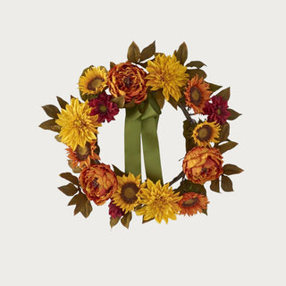 25-inch fall peony, dahlia, and sunflower wreath with green satin ribbon – handcrafted autumn front door décor.