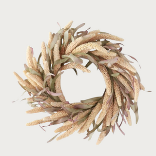wreath for fall, dried leaves, rice puff details, cream colors, sage green leaves, fall halloween decor