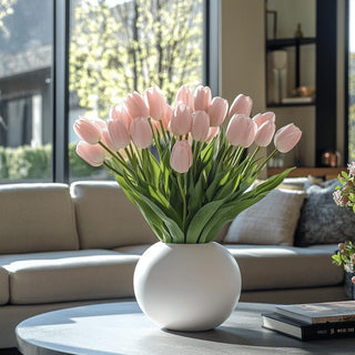 Close detail of 26.75 inch True Bloom Floral Real Touch Pink Tulip Stem petals, Third & Main