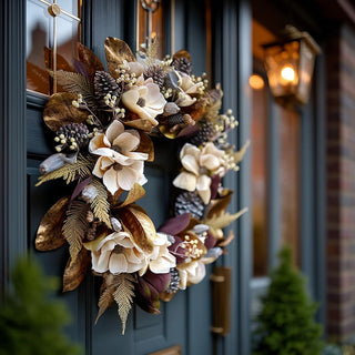 26-inch magnolia wreath with gold leaves, pinecones, and cream florals displayed on dark front door – elegant handcrafted holiday wreath for winter home décor and entry styling.
