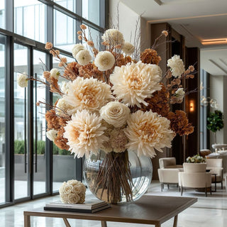 27.5" Faux Cream Blossoming Dahlia Stem with lifelike detail and golden leaves. Perfect for centerpieces, mixed arrangements, or styled solo in a vase.