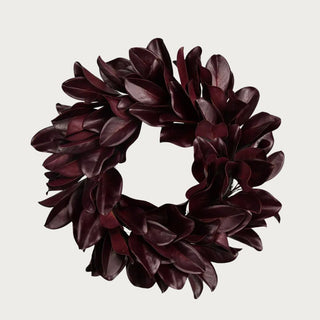 27-inch Merlot Magnolia Leaf Wreath with full layered leaves in deep wine, burgundy, and dark red-brown tones.