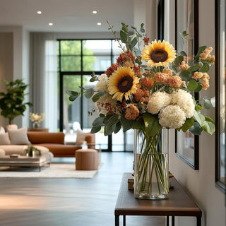 28 Inch Cream Sunflower Stem Styled in a glass vase with the fall floral stems by Third & Main
