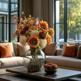 28 Inch Sunflower Stem styled in a vase with other fall floral stems 