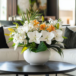 28" Real Touch White 2 Bloom Lily Stem Styled with Summer Florals in a matte white round vase 
