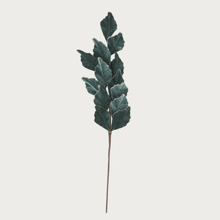 Single dusty green velvet leaf stem with gold-edged detailing on neutral background – 29-inch artificial botanical accent for modern and classic home styling.