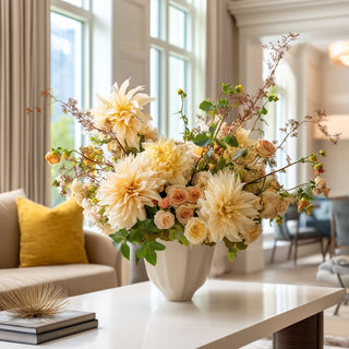 29-inch Cream dahlia stem from True Bloom Floral by Third & Main, ultra-realistic faux flora with real touch petals and natural green leaves, high-end artificial floral stem for home decor.Real Touch, Floral, Spring Floral, True Bloom Floral, Cream Dahlia Flower 