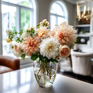 29-inch Peach dahlia stem from True Bloom Floral by Third & Main, ultra-realistic faux flora with real touch petals and natural green leaves, high-end artificial floral stem for home decor.Real Touch, Floral, Spring Floral, True Bloom Floral, Peach Flower 