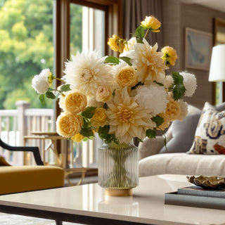 29-inch yellow dahlia stem from True Bloom Floral by Third & Main, ultra-realistic faux flora with real touch petals and natural green leaves, high-end artificial floral stem for home decor.Real Touch, Floral, Spring Floral, True Bloom Floral, Yellow Flower 