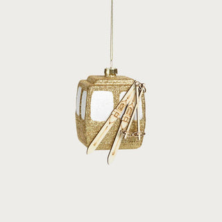 3-inch gold and white gondola ornament with tiny wooden skis and gold string – handcrafted Christmas ornament for winter chalet holiday decorating.
