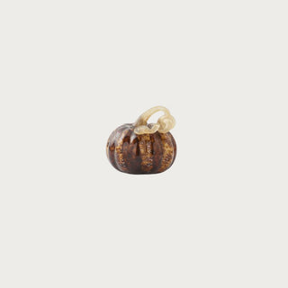 3.25 Inch Brown Speckled Glass Pumpkin with deep brown glass, golden speckled detail, rounded pumpkin shape, and clear glass stem for fall decor.