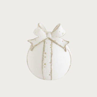 3.5-inch white porcelain LED ornament with star cutouts and soft glowing light – modern holiday tabletop décor piece with automatic timer.