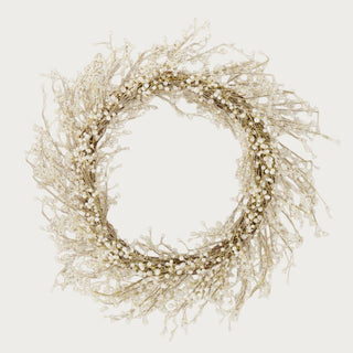 Luxury holiday wreath featuring gold glitter twigs and pearl beads, perfect for front door or mantel winter styling. Third and Main, Home Decor, Holiday Decor, Winter Decor, Luxury Decor, Luxury Holiday Decor, Contemporary Decor, Wreaths