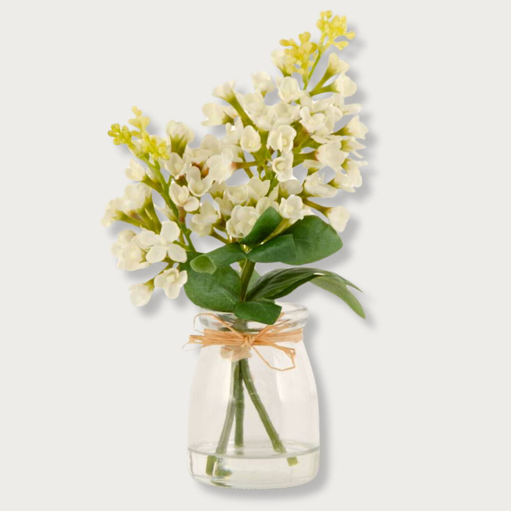 Premade White Lilac Floral in Glass Vase
