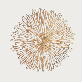 31-inch Arielle round iron wall art in a warm gold finish with an open radial pattern of irregular sculptural loops.