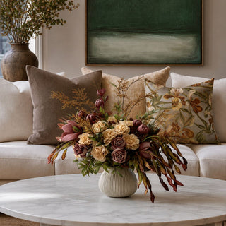 35-inch Brown & Green Leucaena Glauca stems cascading from a fall faux floral arrangement with cream, mauve, and burgundy flowers in a ribbed vase.