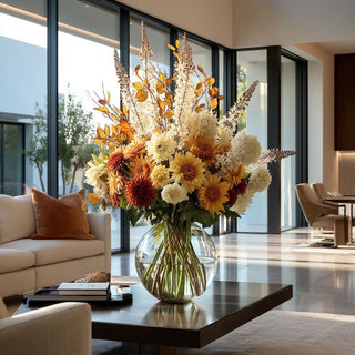 37" Inch Faux Cream Foxtail Lily Stem in a large glass vase with other fall inspired florals stems 
