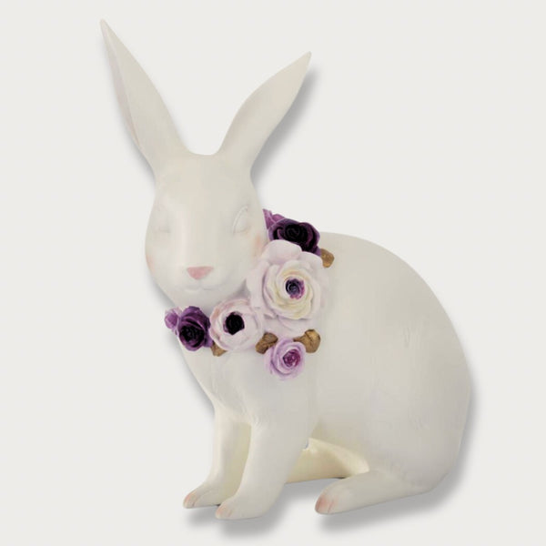 12" Tall Wite Ceramic Rabbit with 3D Patel Colored Floral Collar