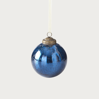 Small blue crackled glass ornament with satin ribbon and brass cap – luxury 3-inch glass Christmas ornament for sophisticated holiday decorating.