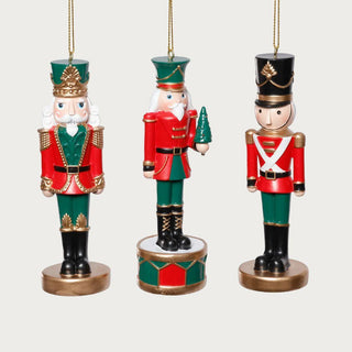 Three styles of 5-inch resin red and green nutcracker soldier ornaments with gold detailing – customers can choose their favorite traditional holiday ornament to complement their Christmas décor.
