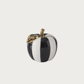 4.75 inch black and white striped ceramic decorative apple with glossy finish and sculpted gold leaf and stem for fall and year-round home decor.