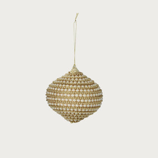 4-inch onion shaped gold pearl beaded ornament with shimmering gold and pearl accents – handcrafted holiday ornament for modern and traditional Christmas styling.