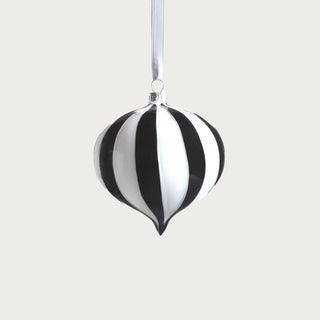 4-inch Twilight black and white striped glass ornament made of hand-blown glass with a glossy reflective finish, photographed on a neutral background for modern luxury holiday décor styling.